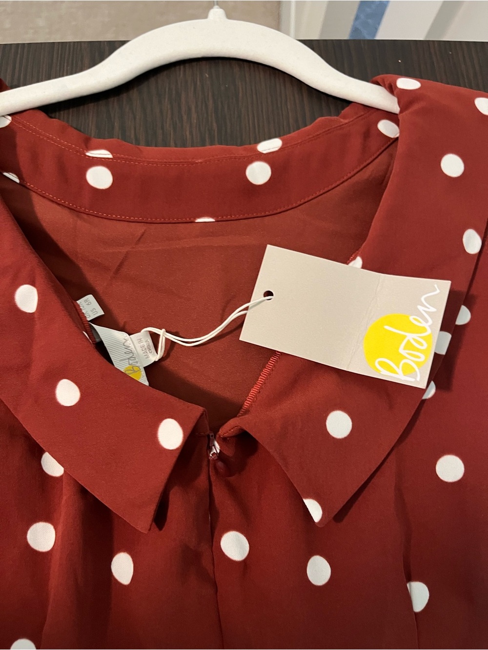 NWT Boden Brown & White Polka Dot High Neck Collared Midi Dress / Size 6 - Picture 5 of 6